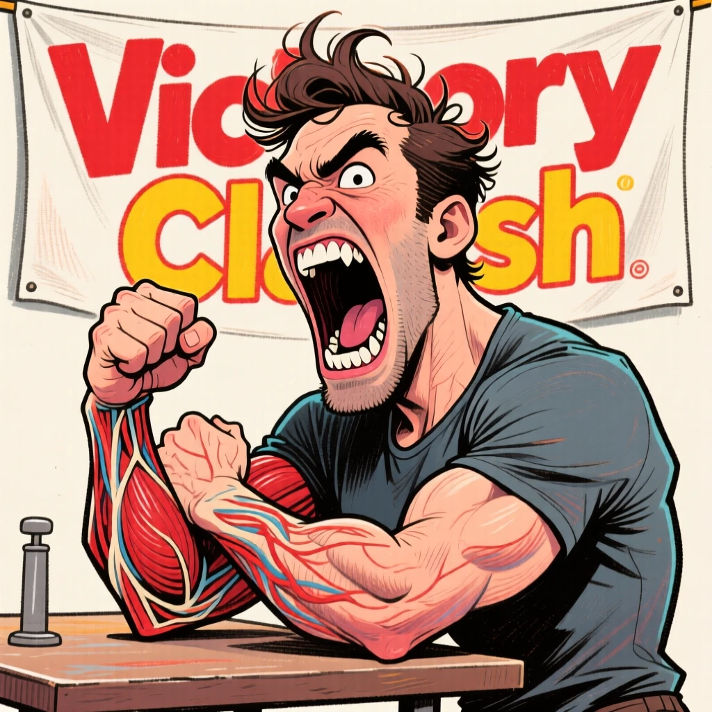 A man doing an exaggerated victory roar after winning at arm wrestling.