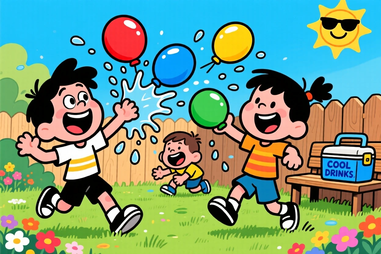 A playful childhood moment of kids having a water balloon fight in a backyard, balloons frozen mid-splash.