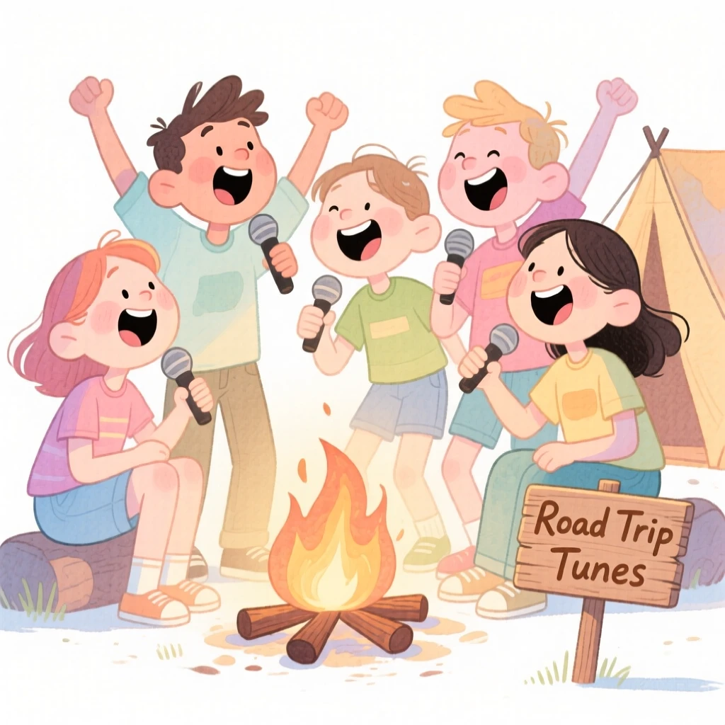 A group of friends on a road trip singing together around a campfire