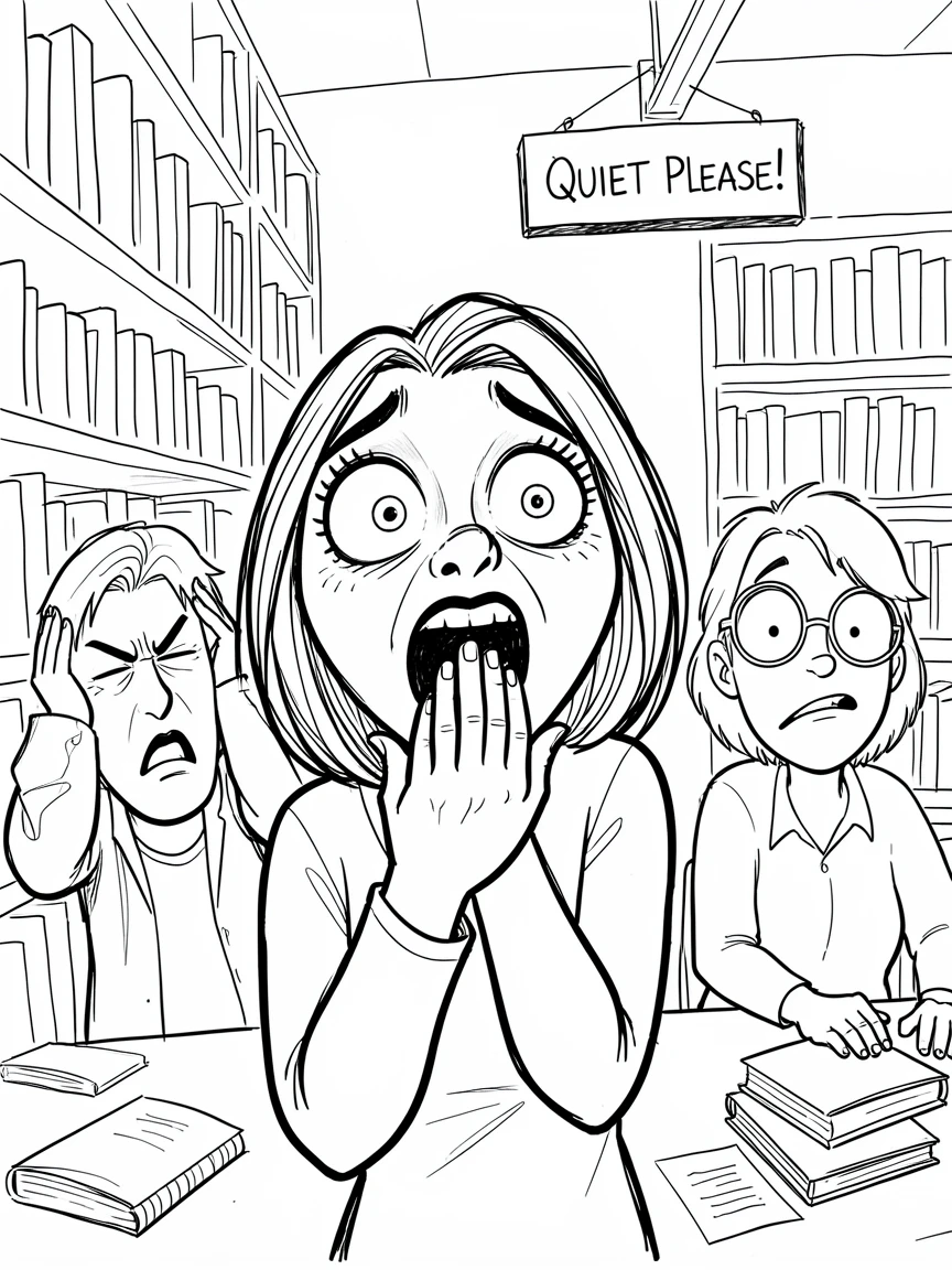 [Funny & Exaggerated Situations] Comical scene of a woman trying to whisper but accidentally shouting in a quiet library, exaggerated for maximum laughs