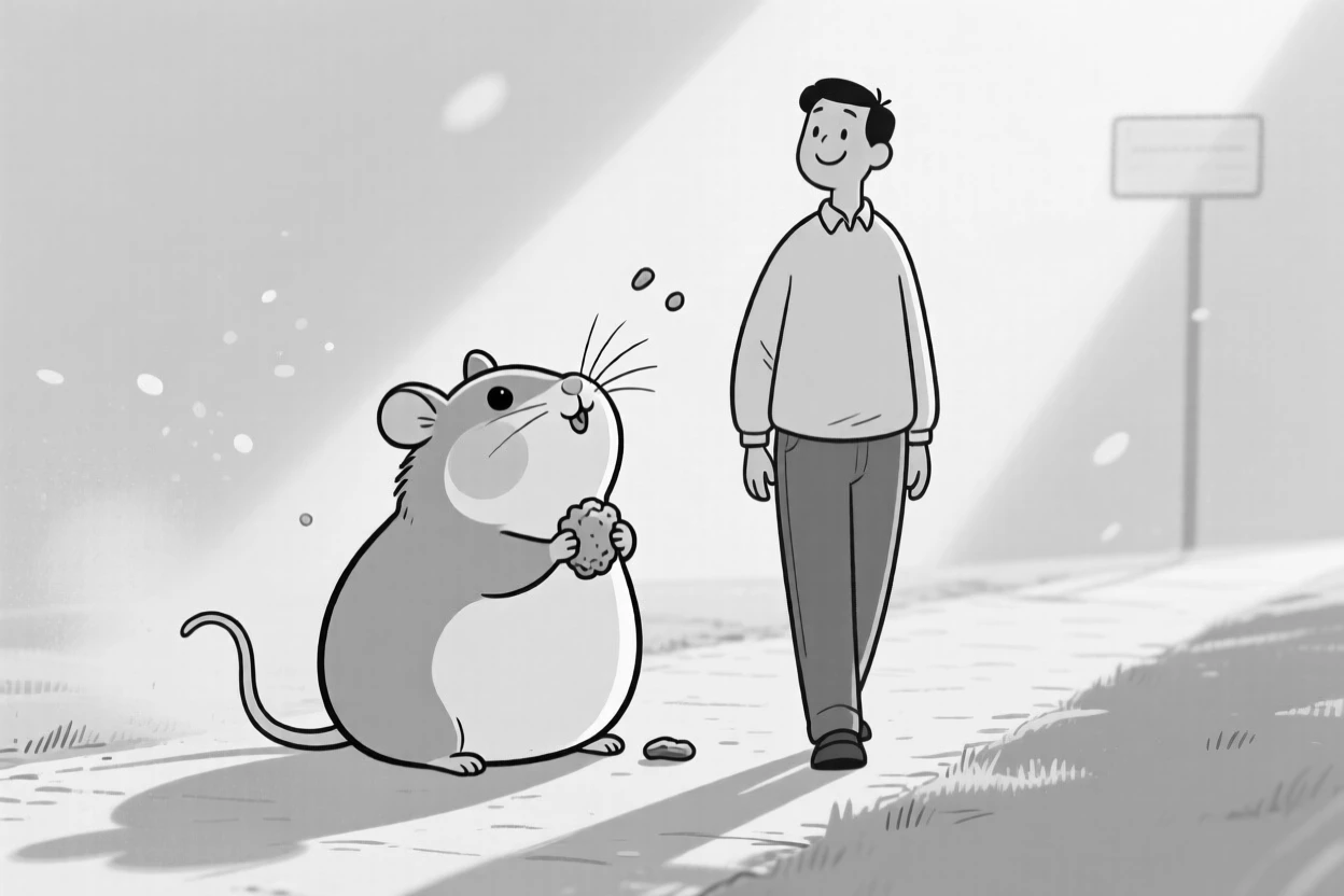 A fat hamster stuffing its cheeks impossibly full, unrolling slowly to sniff the air, set next to its towering owner on a walking trail. Dust motes float in a beam of afternoon sun. It feels like the kind of photo that instantly earns a smile.