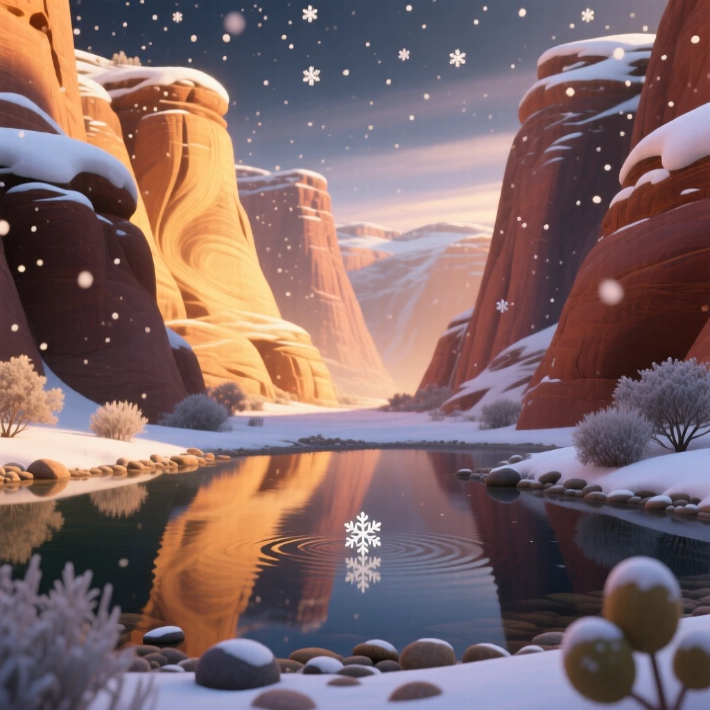 A canyon carved by centuries of wind glows while a light snow begins to dust the landscape, with small ripples spreading outward across a pond. A deep sense of peace and quiet awe fills the scene.