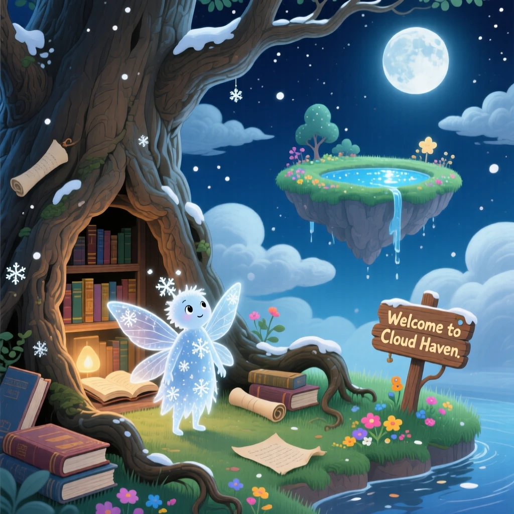 A snow spirit pauses from discovering a hidden library inside a giant oak to marvel at a floating island in the clouds, with the whole scene bathed in soft moonlight.