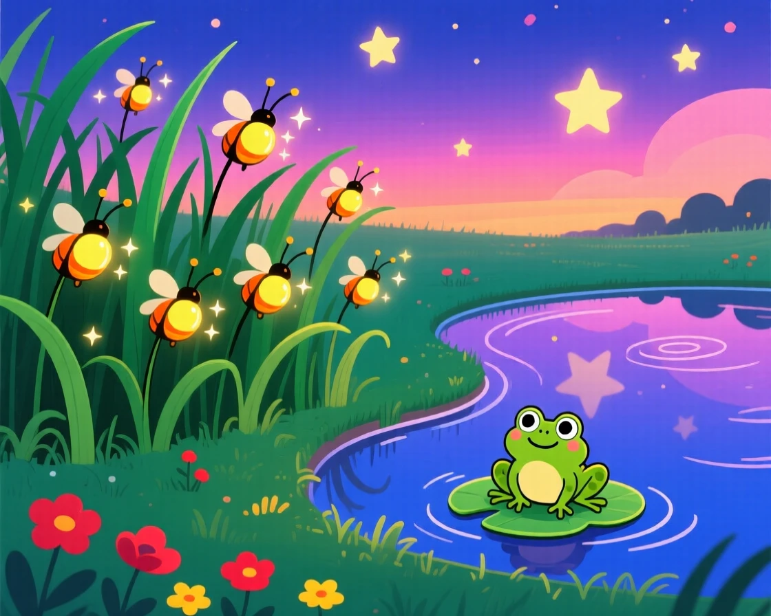 A meadow of fireflies glowing at twilight near a quiet pond.