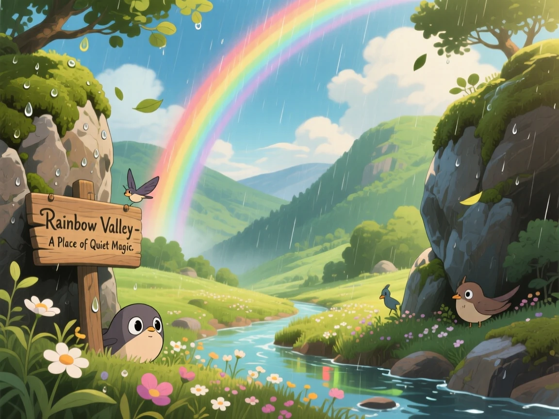 A stunning view of a rainbow stretching across a valley after a storm, framed between two rocky outcrops.