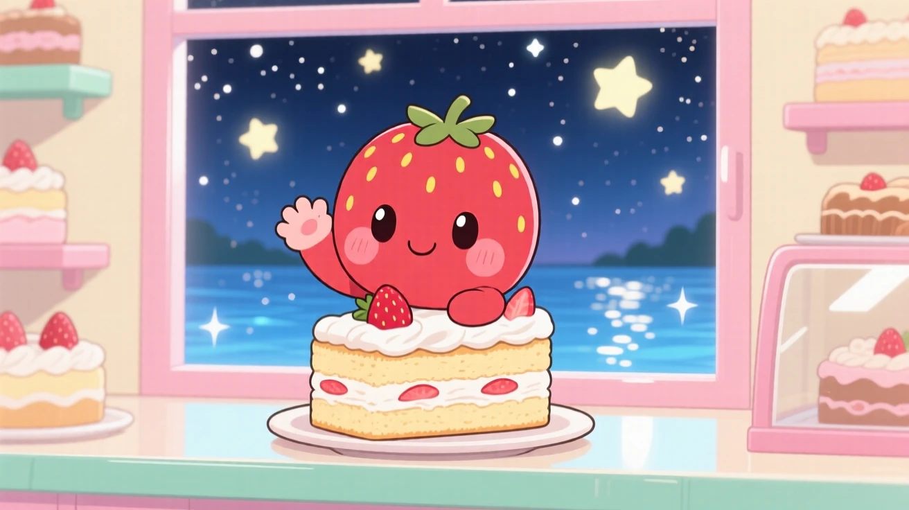 A round strawberry character with a rosy blush waving happily from atop a slice of cake, framed as a close-up portrait within a pastel bakery counter, under a starry midsummer night sky, glowing under shimmering reflected light off water, evoking shy bashfulness.
