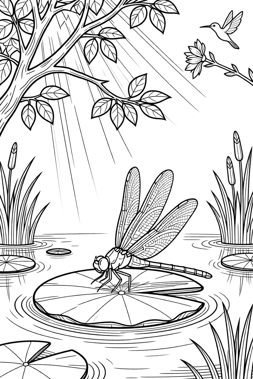 A dragonfly resting on a lily pad, with sunlight breaking through the canopy above.