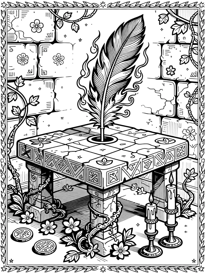 A phoenix feather glowing atop an ancient stone altar.