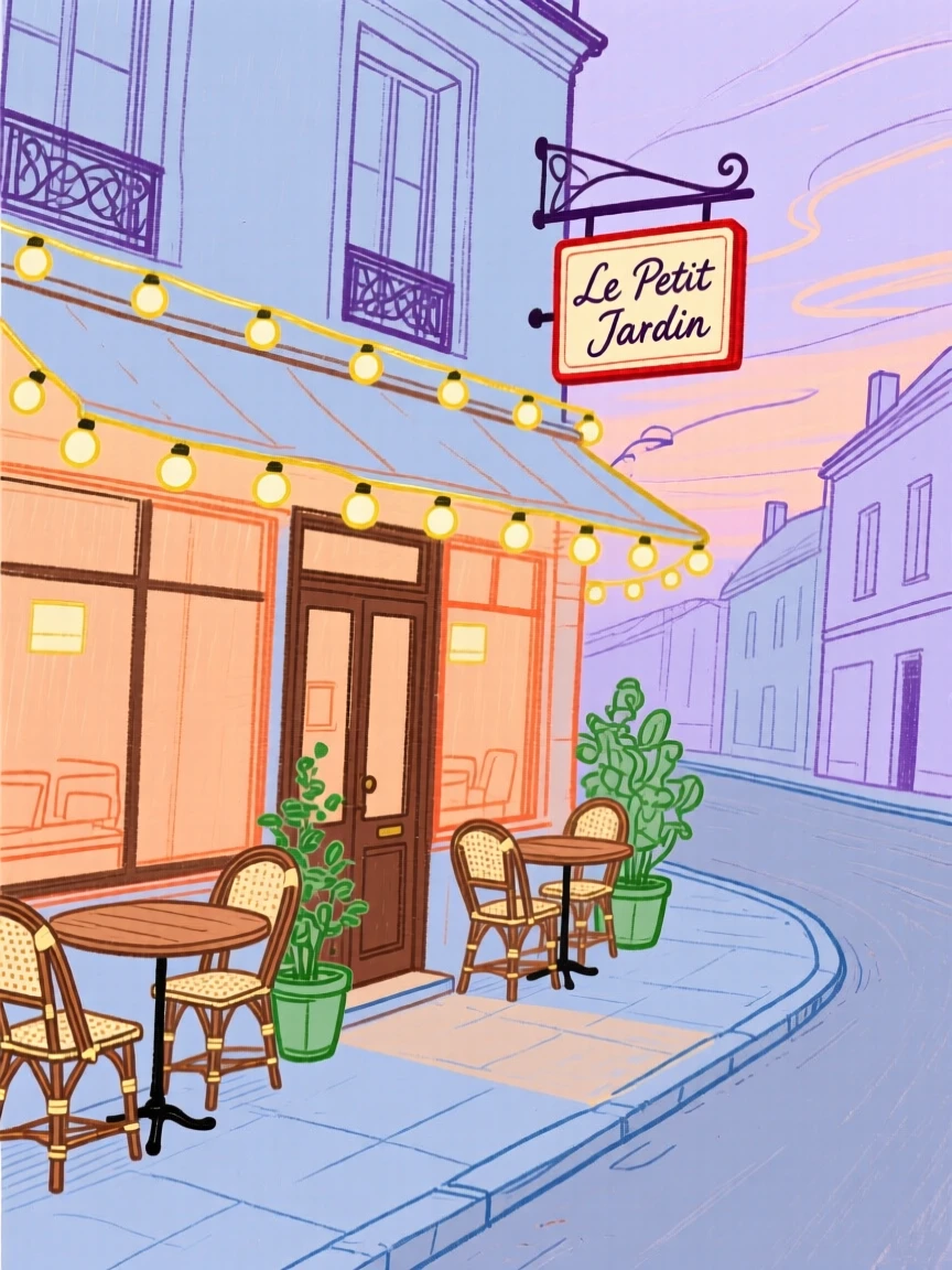 A quiet street café with string lights overhead at dusk.