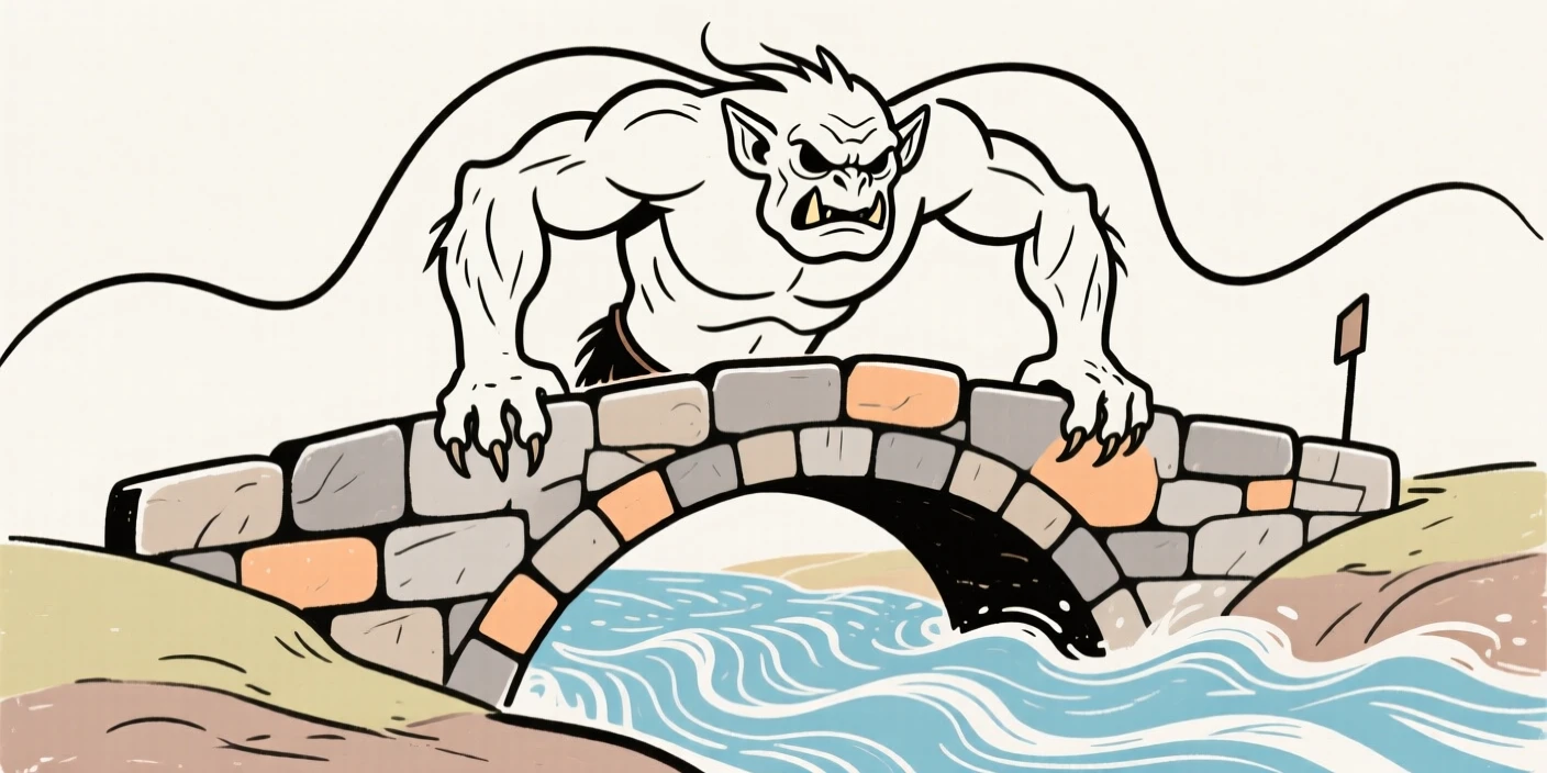 A troll guarding a stone bridge over a rushing river.