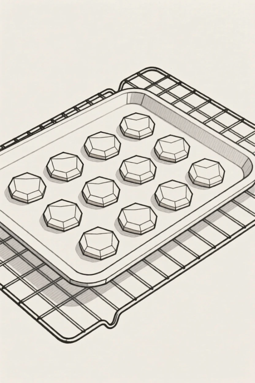 A tray of freshly baked cookies cooling on a rack