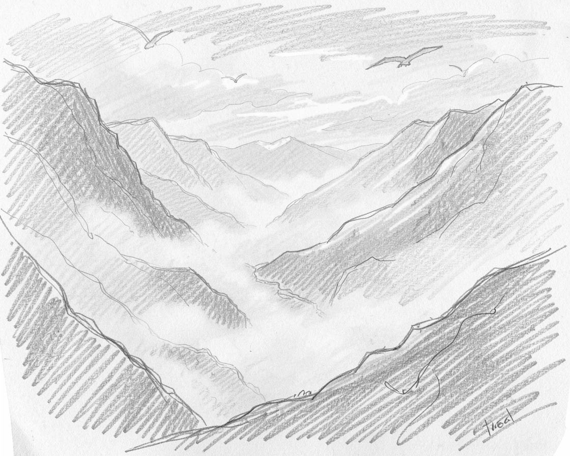 A breathtaking view of a misty mountain valley, lit by streaks of golden afternoon sun, with birds soaring overhead.