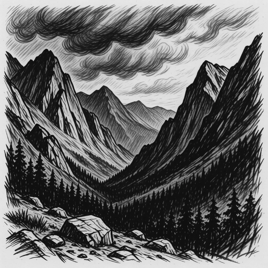A hidden mountain valley with dramatic storm clouds gathering on the horizon.