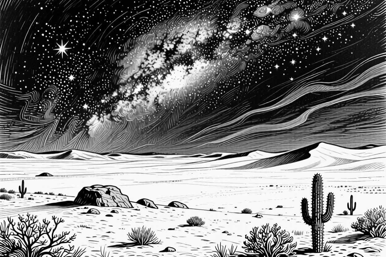 A vast desert night sky with the Milky Way arching overhead.
