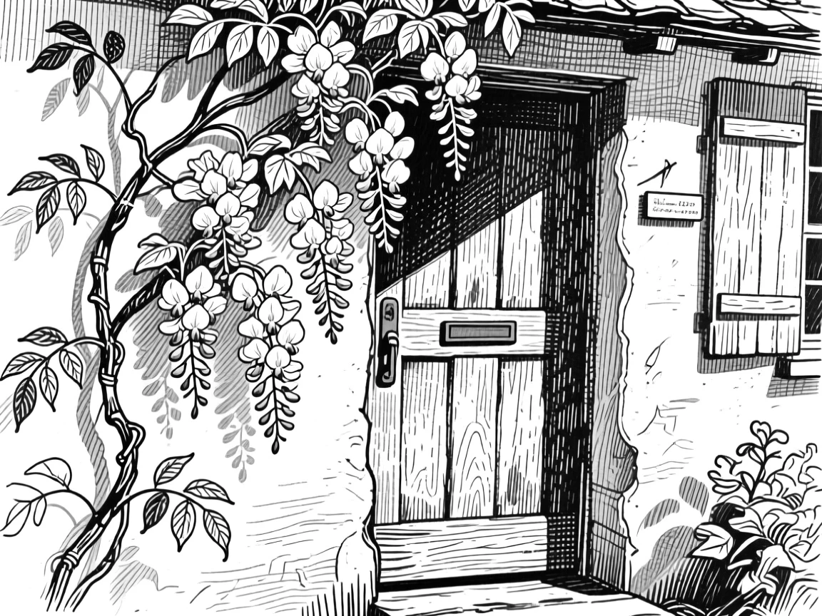 A climbing wisteria vine blooming beside a cottage doorway, with leaves curling gently at the tips, composed in a warmly inviting still-life arrangement.