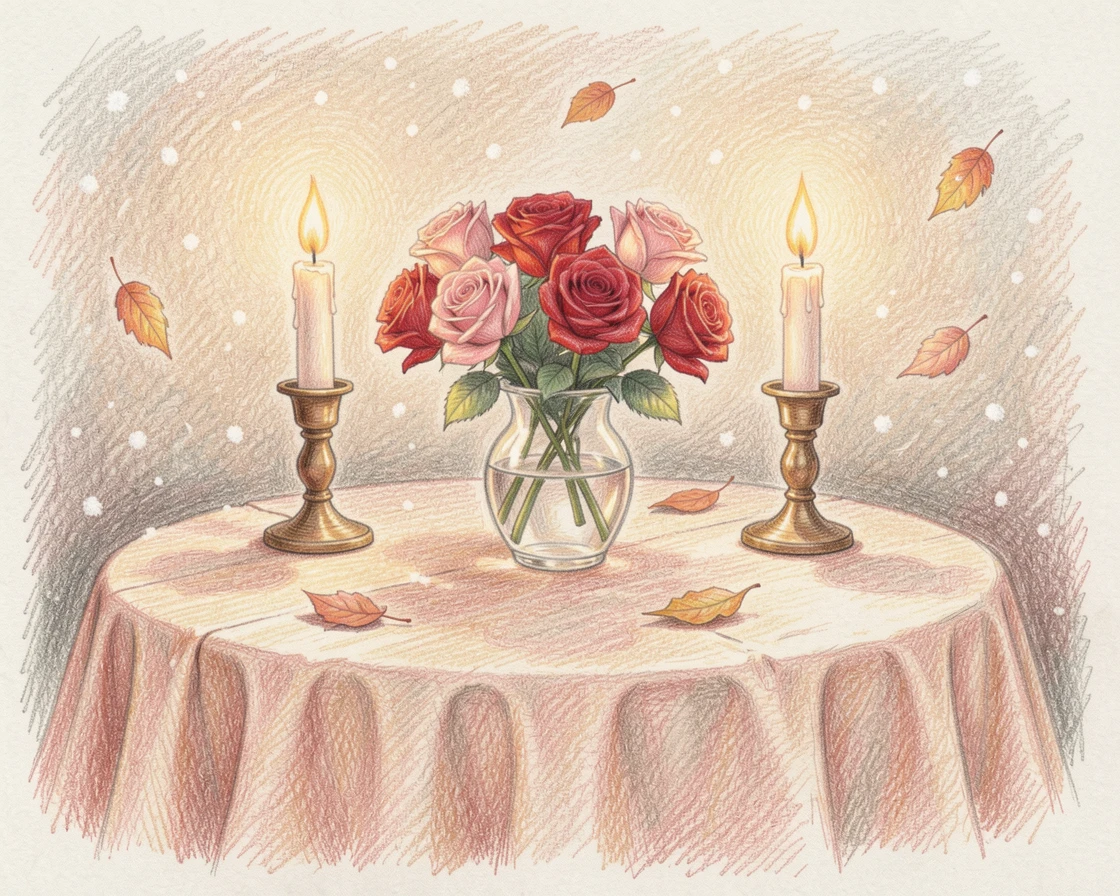 A Valentine's Day table set with roses and candlelight for two, with gentle snowfall or falling leaves drifting through the scene, perfect for celebrating the beauty of the season.