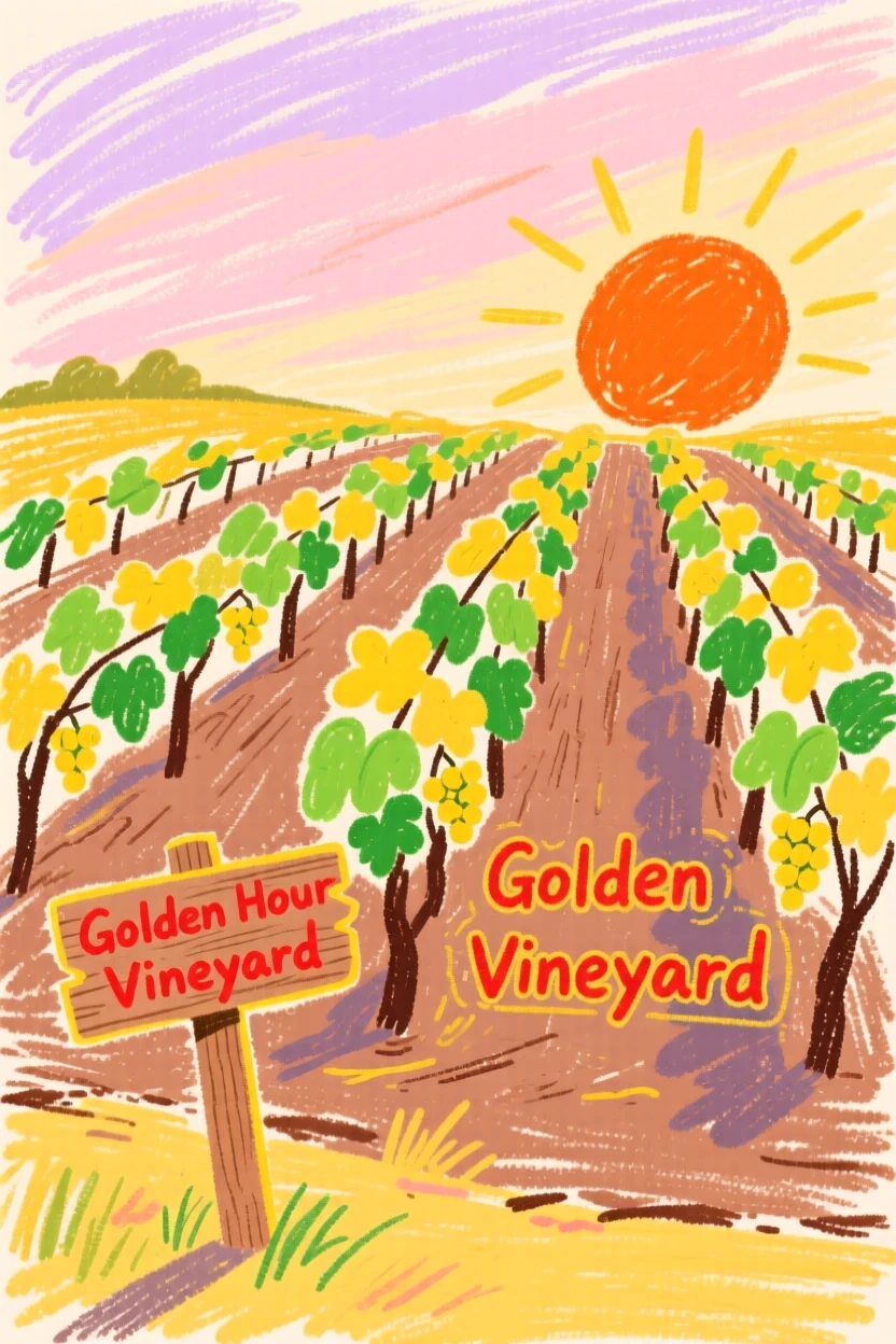 A view of a vineyard glowing at golden hour under a soft pastel morning sky.