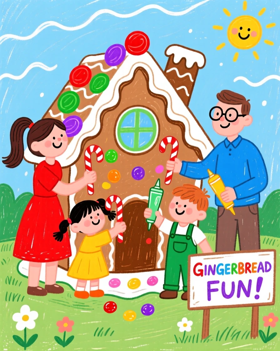 A family decorating a gingerbread house together.