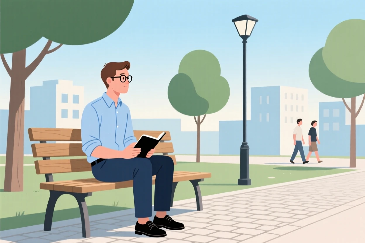 An office worker people-watching from a bench on a quiet weekend afternoon in the city.