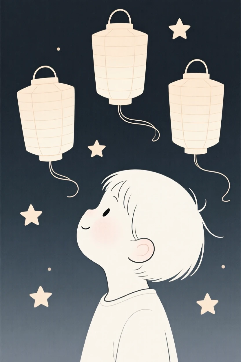 A portrait of a child gazing at the stars near fluttering paper lanterns, filled with quiet joy.