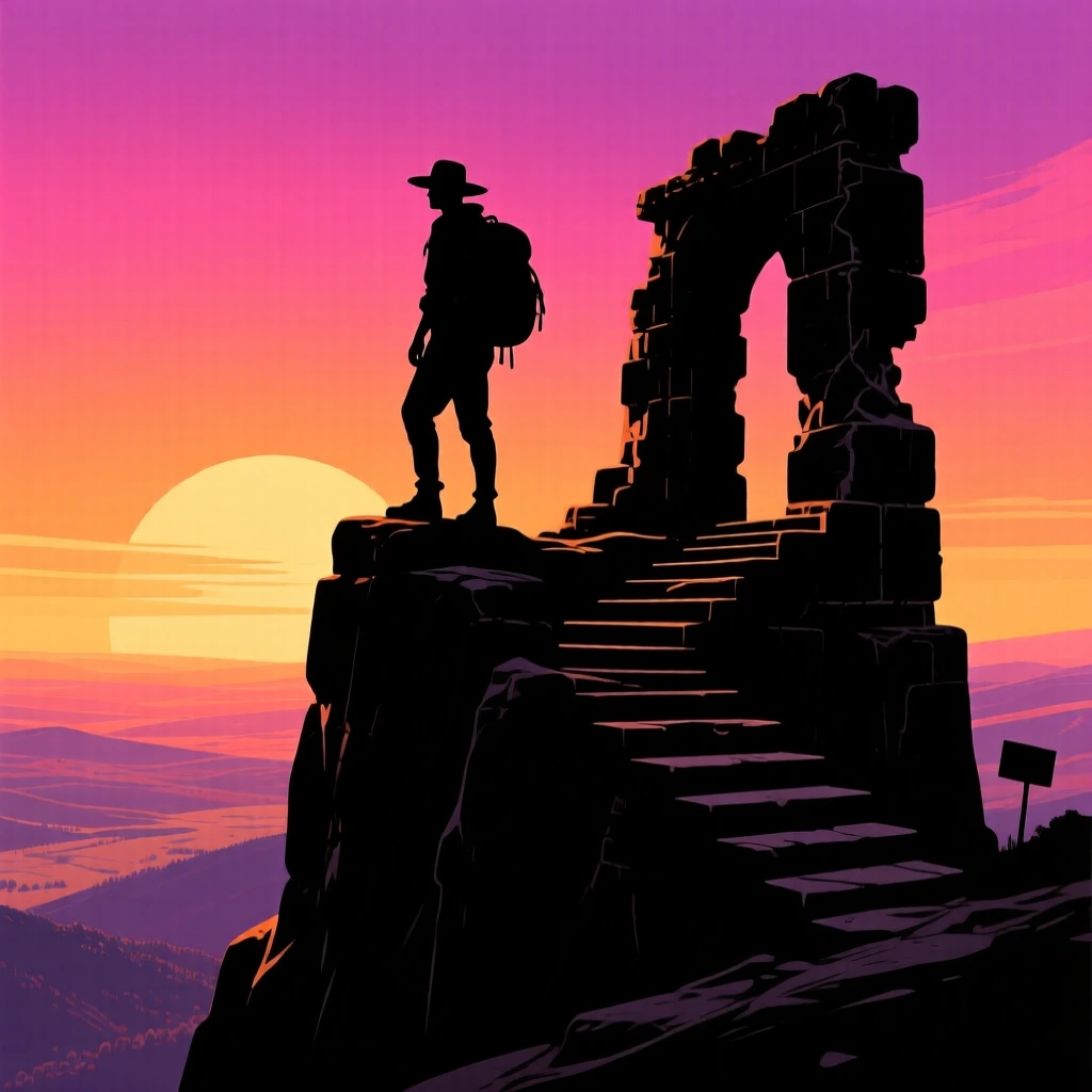 A traveler standing atop an ancient ruin overlooking a wide valley.