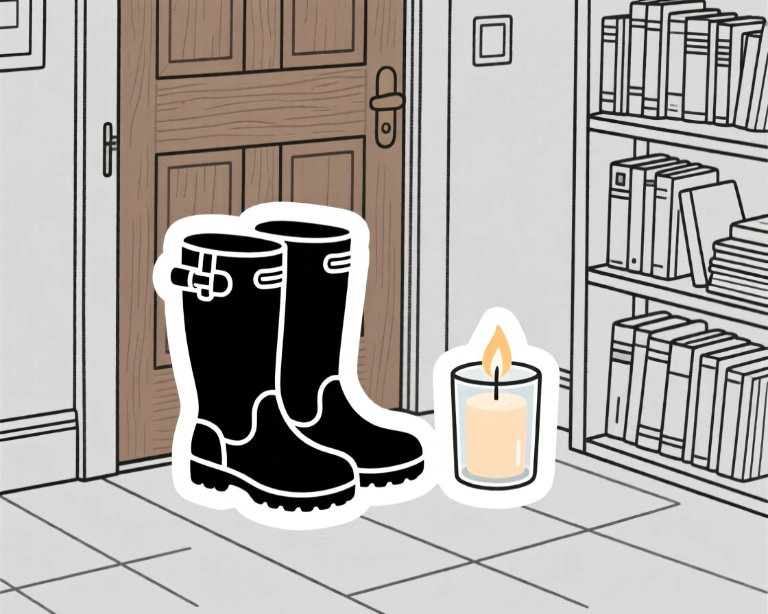 A peaceful pair of rain boots by the door, placed next to a lit candle, in a study filled with books.