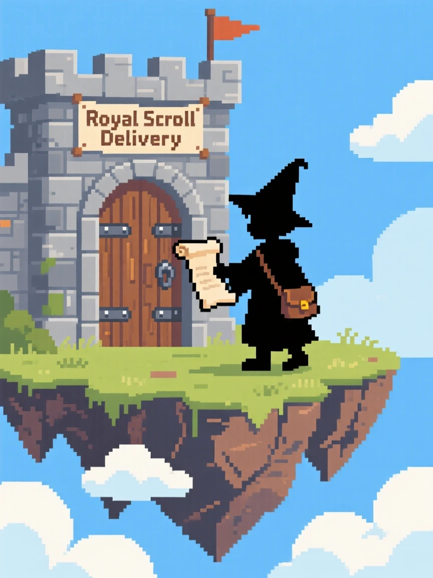 A young wizard apprentice delivering a scroll to a castle gate, atop a floating island surrounded by clouds.
