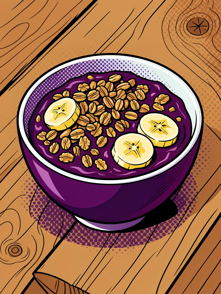 A bowl of acai topped with granola and banana presented beautifully on a rustic wooden table