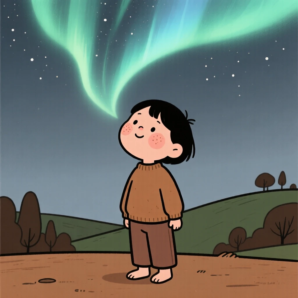 A young child looks up in quiet wonder at the northern lights overhead, standing perfectly still as a feeling of gratitude settles over the scene.