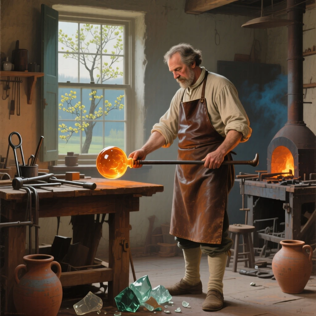 A well-framed scene of a glassblower shaping a molten sphere at the end of a long pipe, during the colonial era, in early spring.