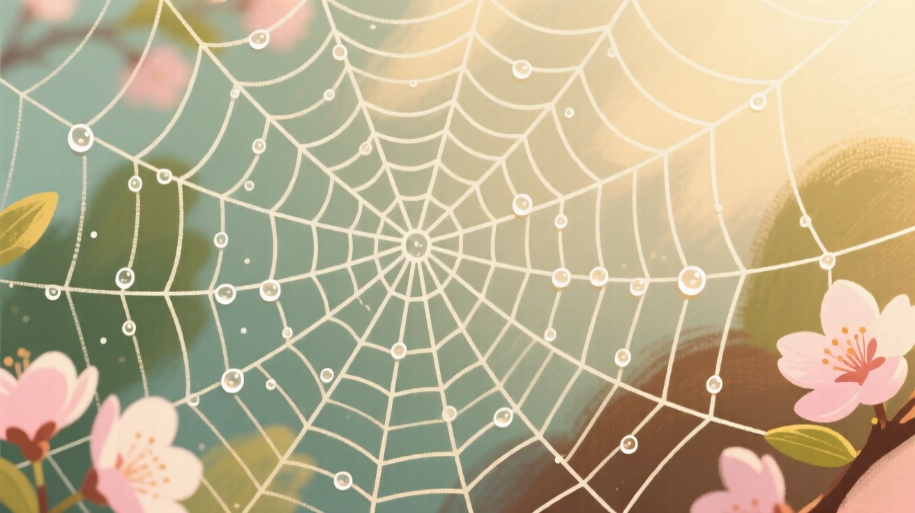 A study of a spider's web pattern illuminated by morning dew