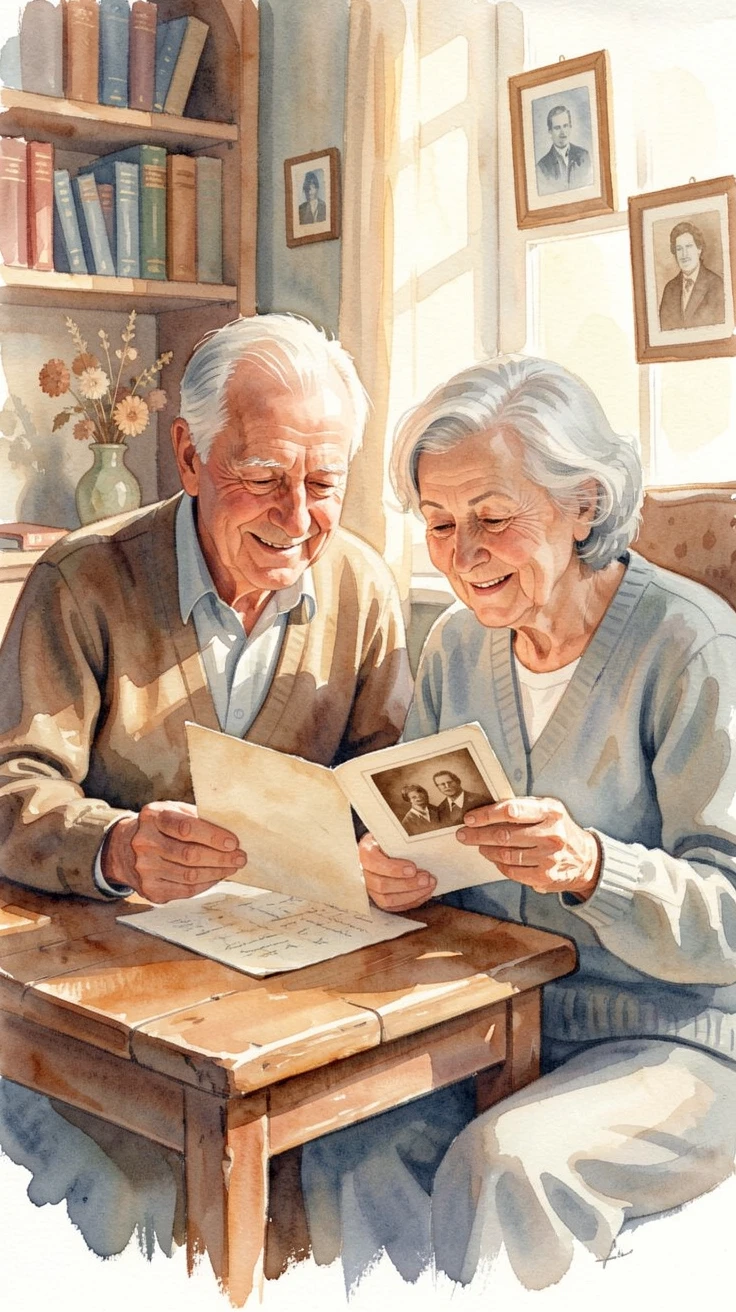 Grandparents reading letters from old photographs together with warm smiles all around.