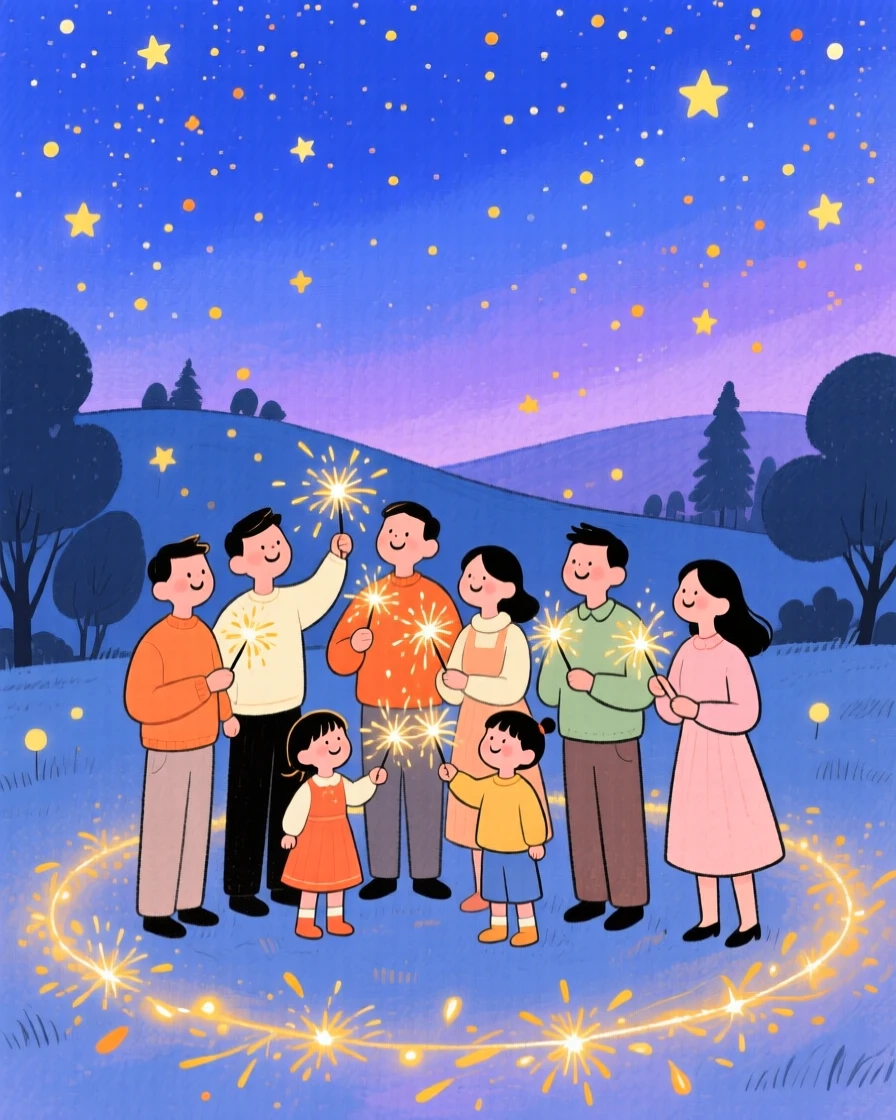 A festive scene of a New Year's Eve gathering with sparklers under a starry sky.