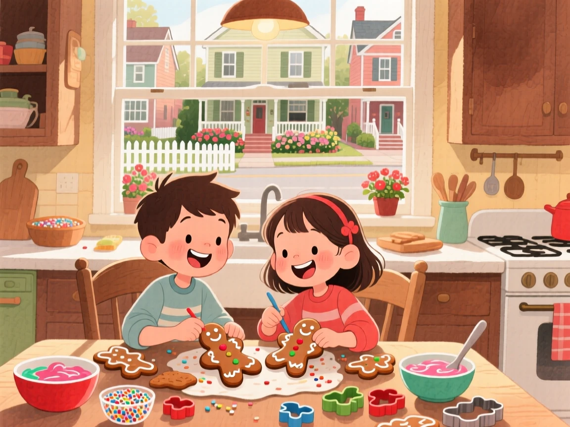 A pair of best friends, a boy and a girl decorating gingerbread cookies at the kitchen table, in a small-town street lined with picket fences, brimming with carefree happiness.