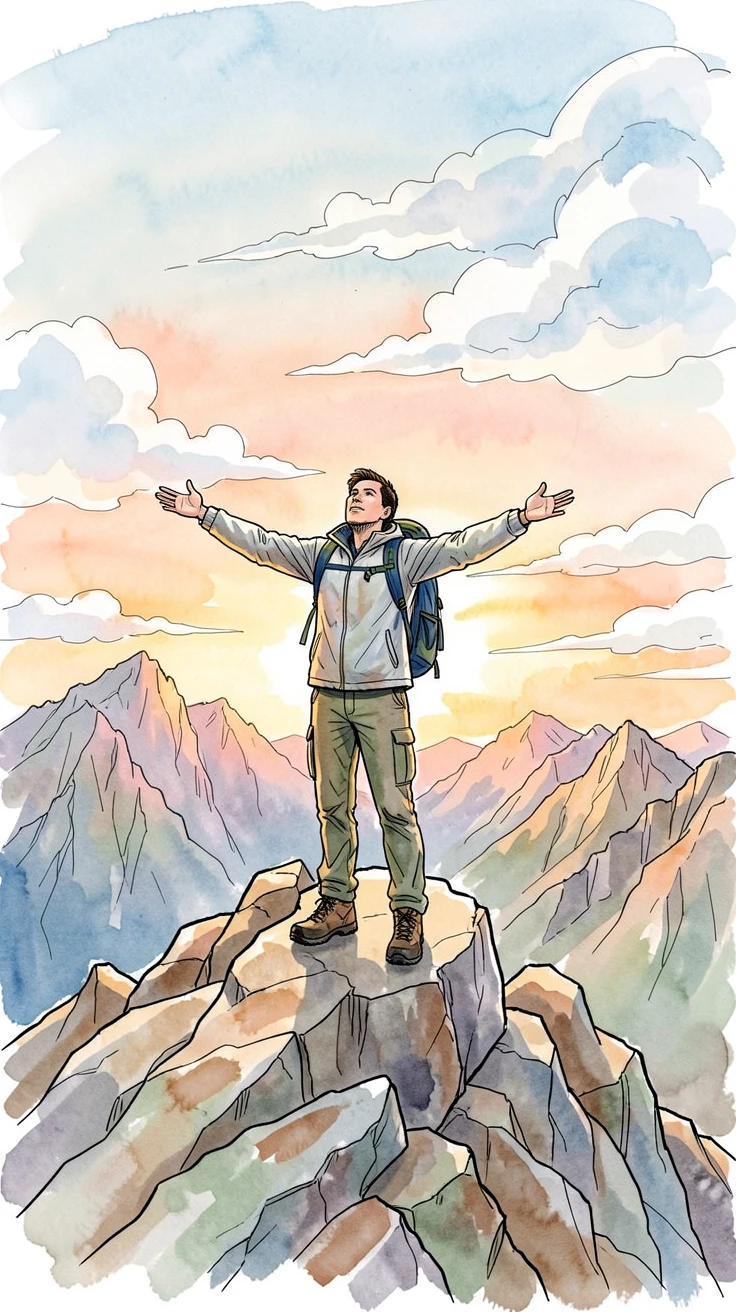 A lone hiker standing atop a mountain peak at sunrise, arms outstretched toward an endless sea of clouds