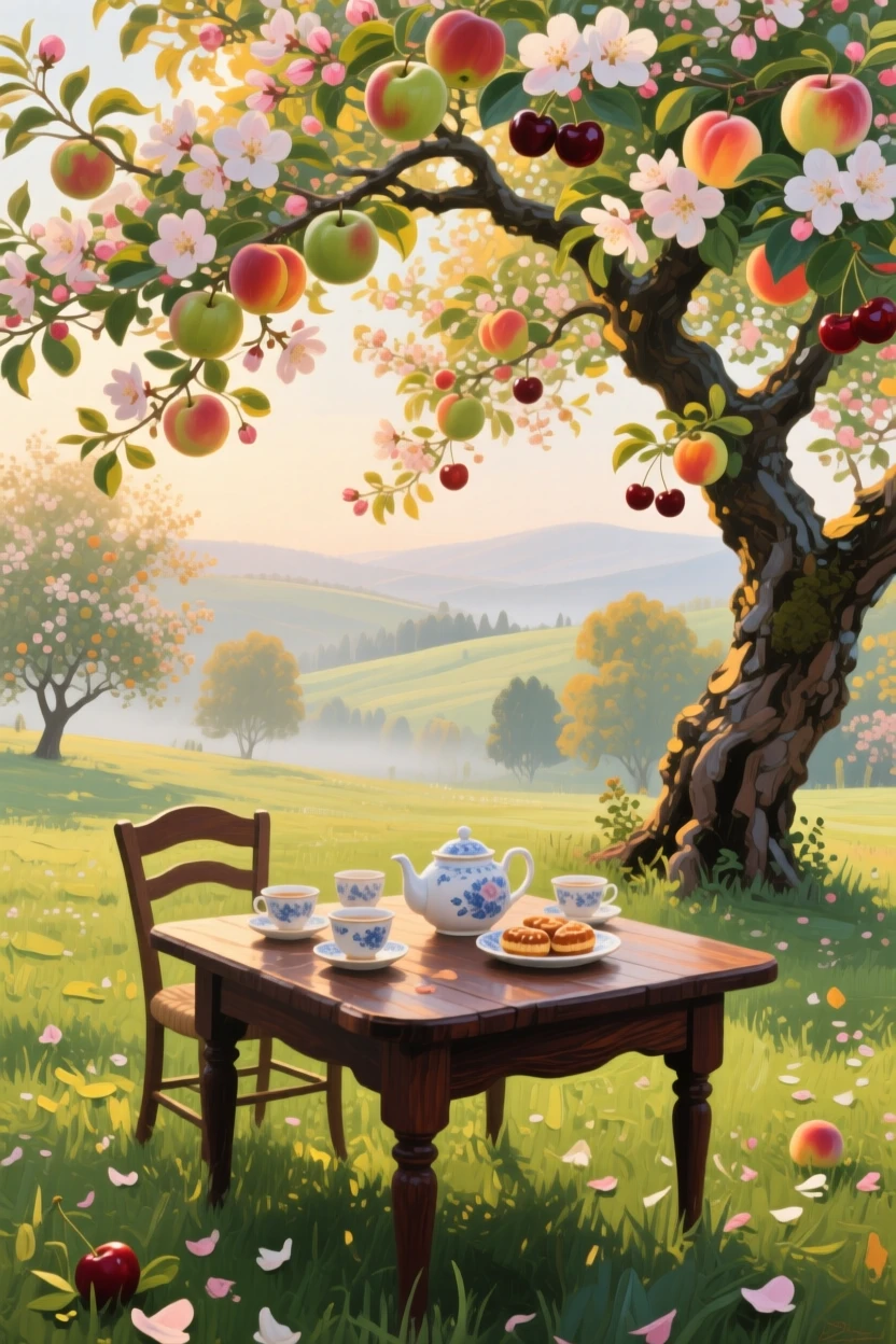 a tea table beneath blooming fruit trees, in soft morning light, with layered visual detail from foreground to horizon.