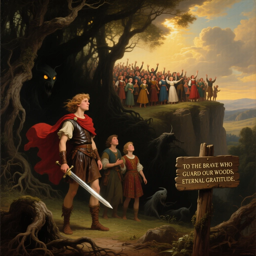 A young hero shields his companions from a dark forest full of danger to the cheers of a grateful crowd.