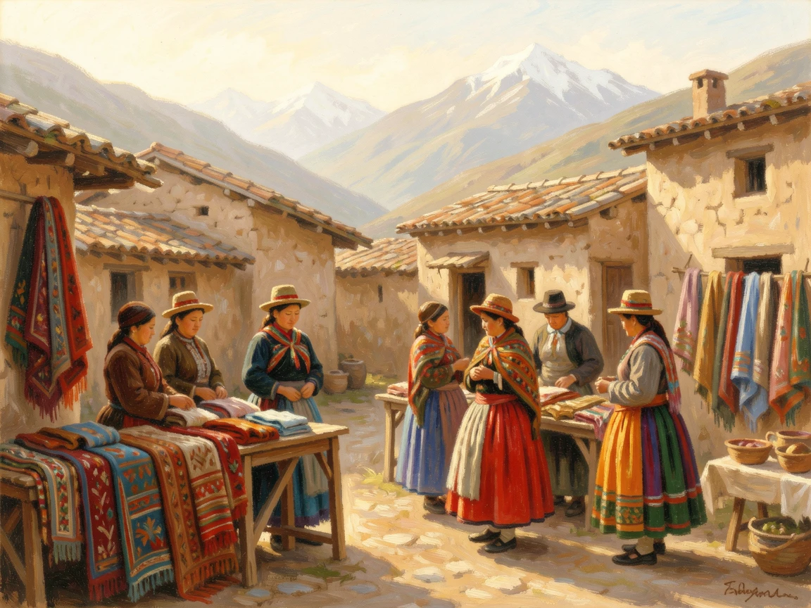 A quiet Andean village market where women in traditional dress sell handwoven textiles.