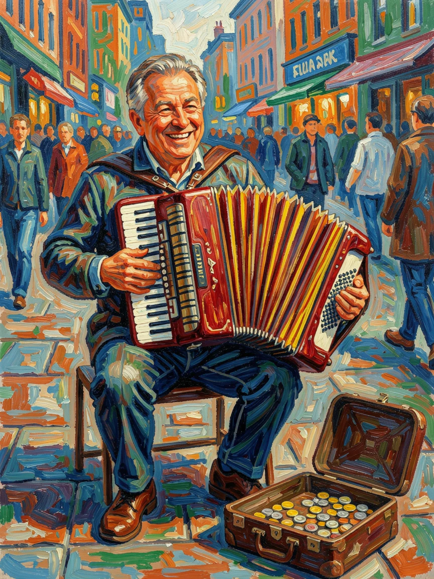 A street musician playing an accordion, eyes crinkled with joy, coins scattered in his open case.