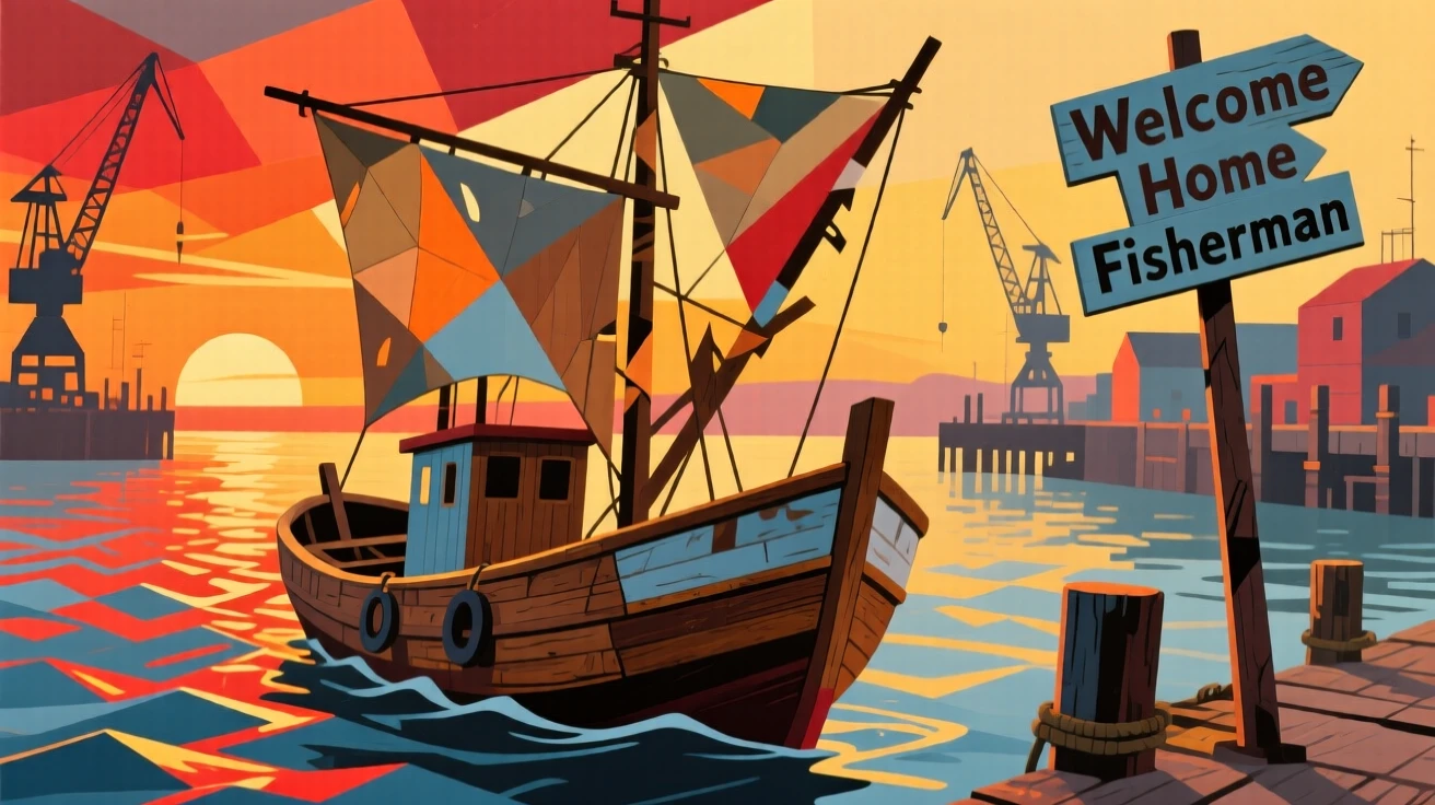 A nostalgic scene featuring a wooden fishing boat returning to harbor at sunrise.