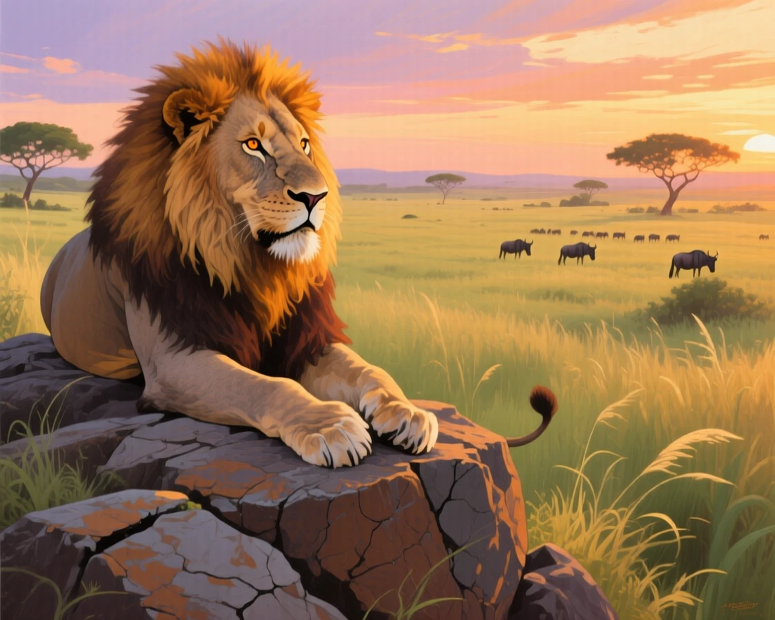A majestic African lion rests atop a rocky outcrop in the Serengeti at golden hour, surveying the vast grassland below as the setting sun bathes his mane in warm light.