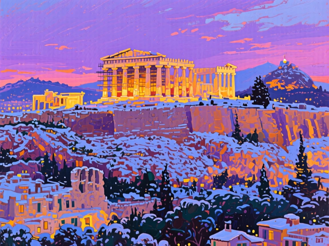 The Acropolis of Athens glowing beneath a violet dusk sky, at first light, snow dusting every surface