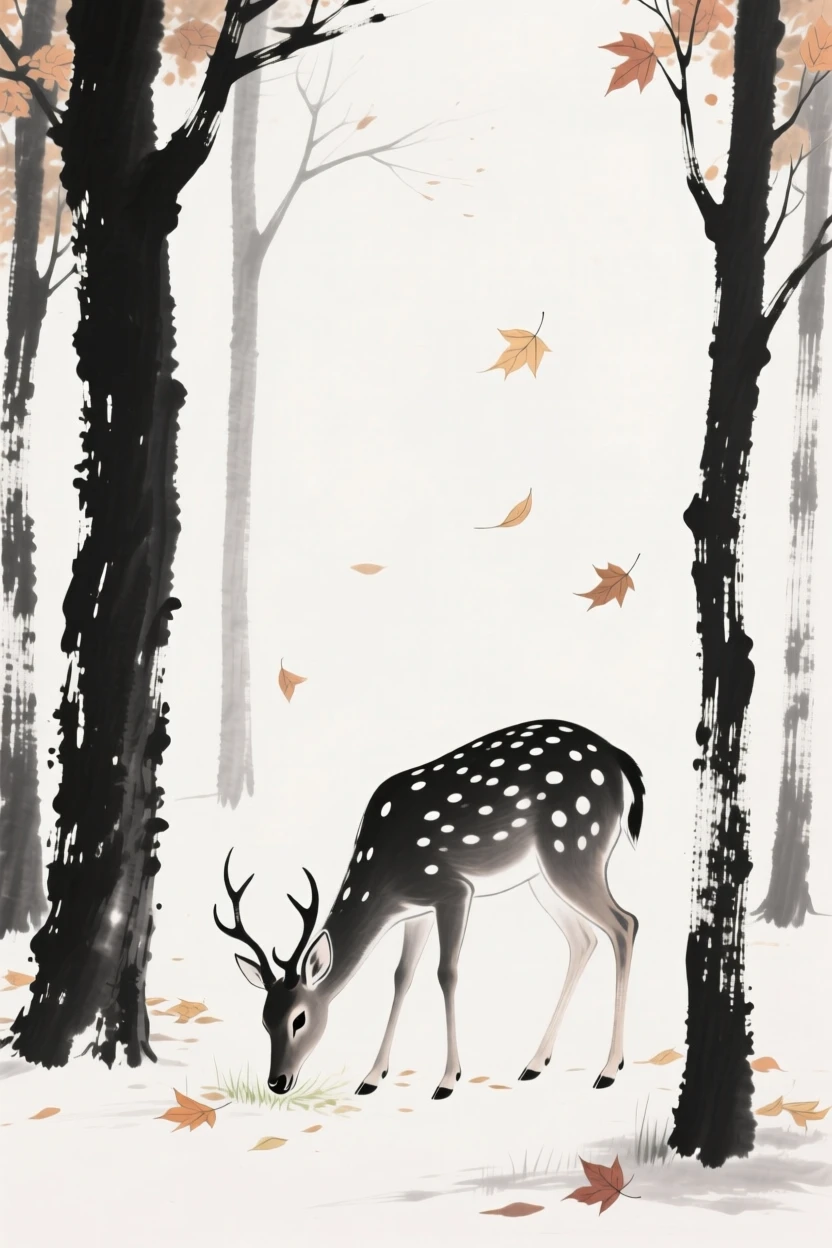 A spotted deer grazes quietly at the edge of a forest clearing, as autumn leaves fall gently around them.