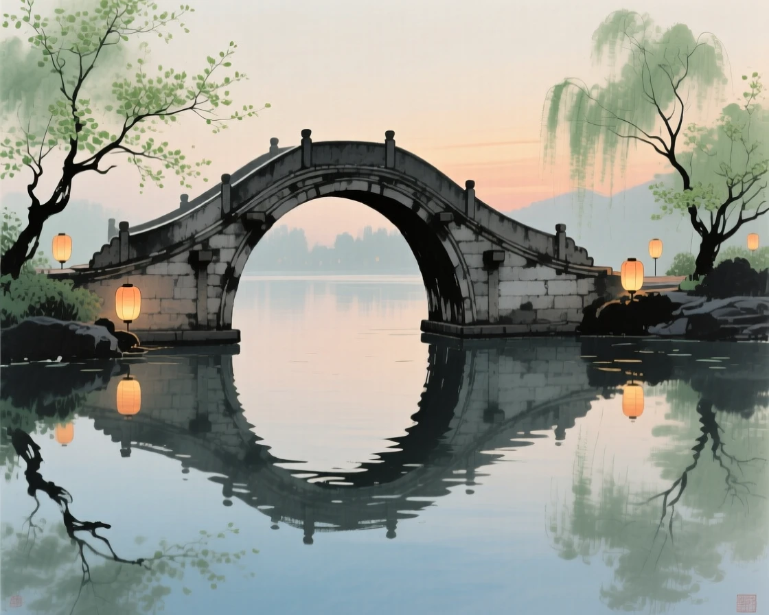 A graceful curved bridge reflected perfectly in still water, as lanterns are lit for the evening, in early spring.