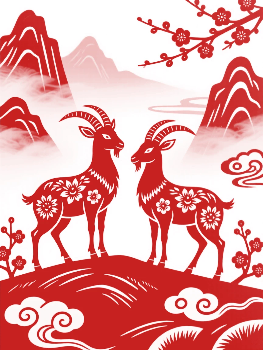 A mountain goat, standing alert on a misty hillside, paired with a second companion nearby, echoing its every move.
