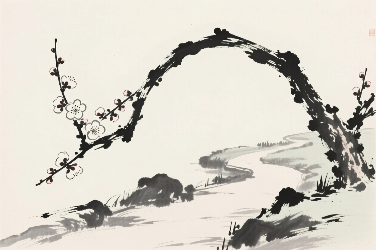 A single plum blossom branch beside a quiet garden path, rendered in close, intimate detail, suggesting patience, resilience, and quiet strength.
