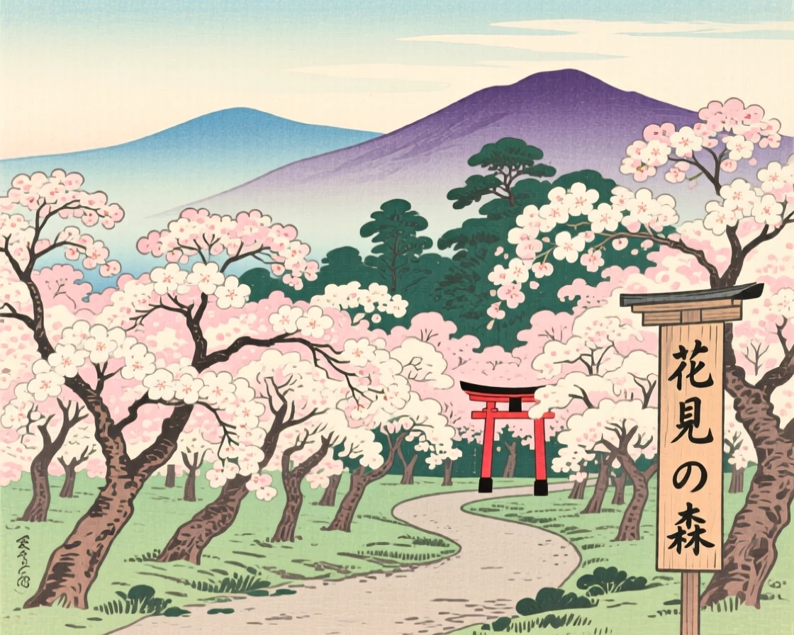 A grove of cherry blossom trees in full bloom with distant mountains fading into haze.