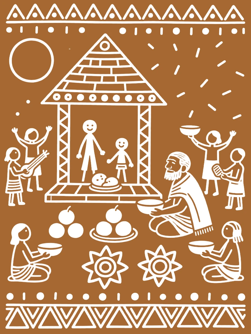 A naming ceremony for a newborn celebrated as offerings of fruit and flowers are placed before a shrine.