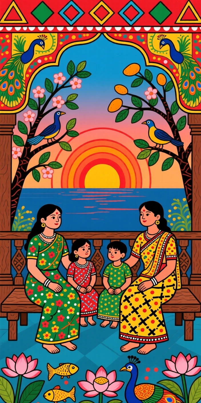 A family relaxing together on a veranda as evening light fades.