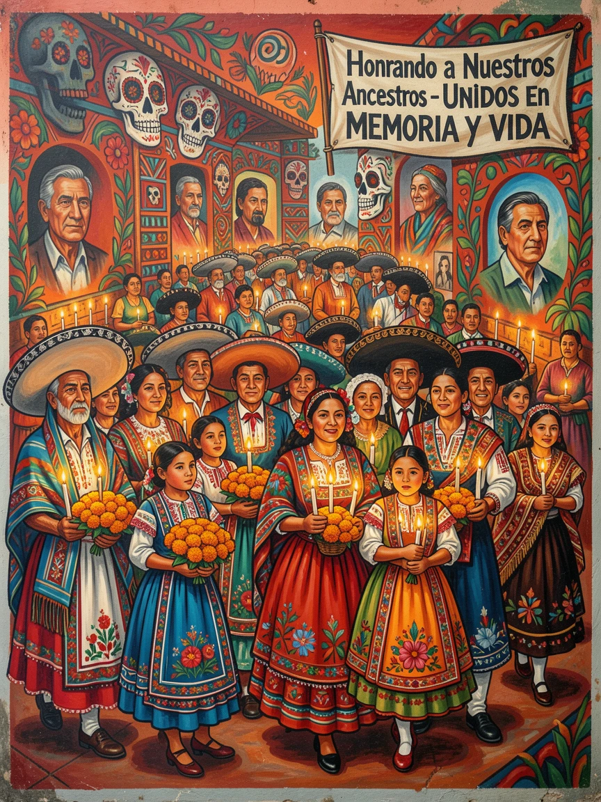 A ceremonial procession honoring ancestors with flowers and candles
